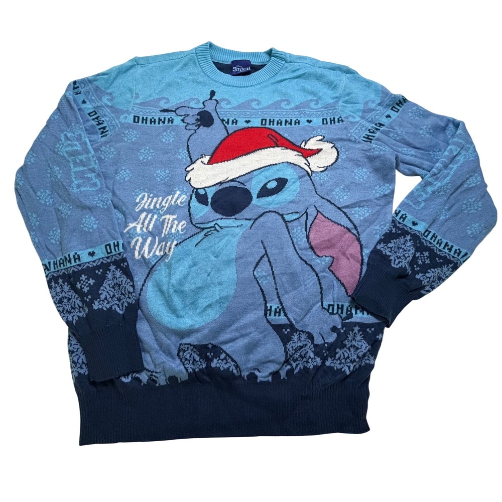 Disney Lilo & Stitch Christmas Sweater Blue Ohana Means Family Large Holiday